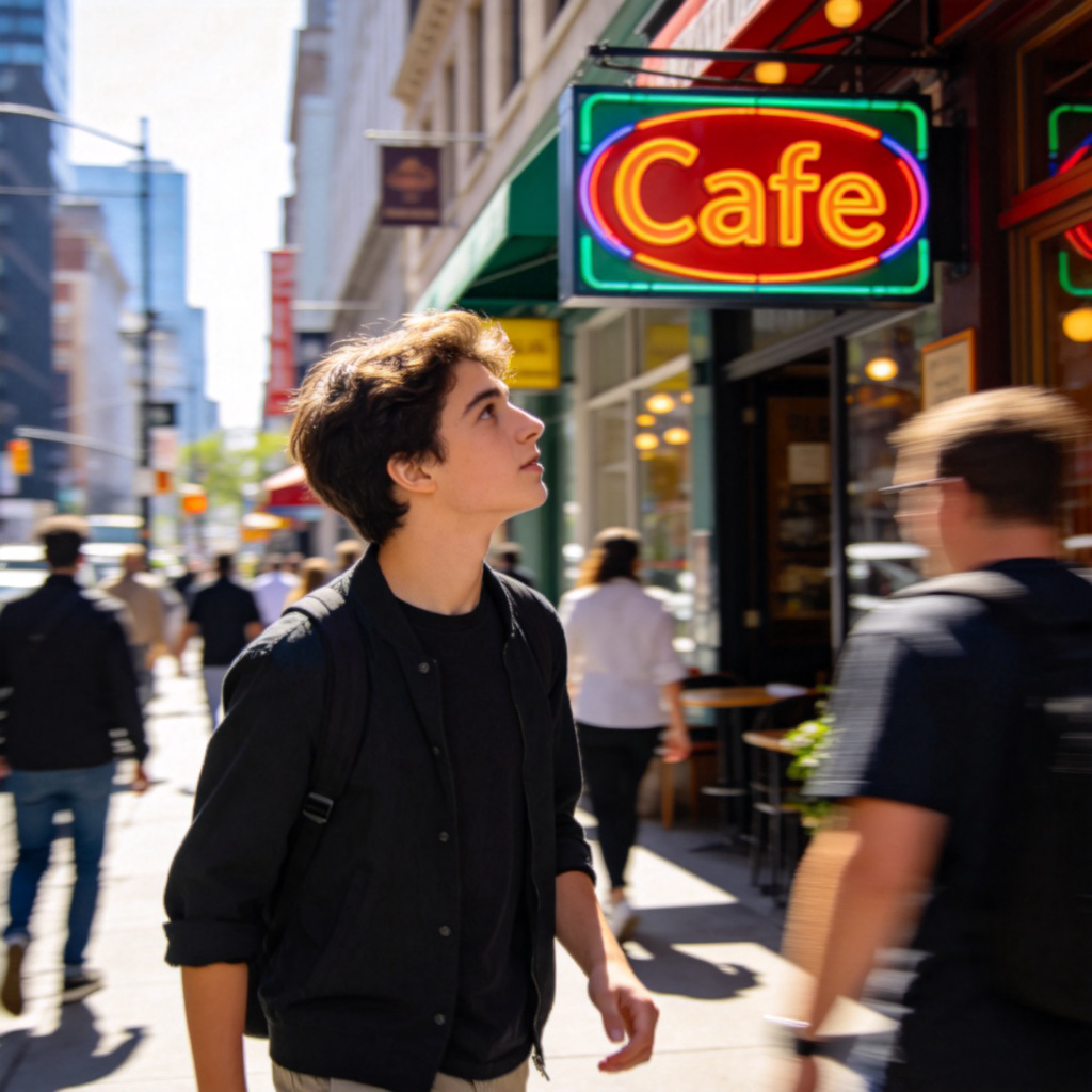A young person walking on a busy street, quickly turning their head to the side to look at a colorful cafe sign. Captured mid-motion, with a slight blur to show speed, focus is on the person's quick eye movement. Sunny day, urban background. No text.