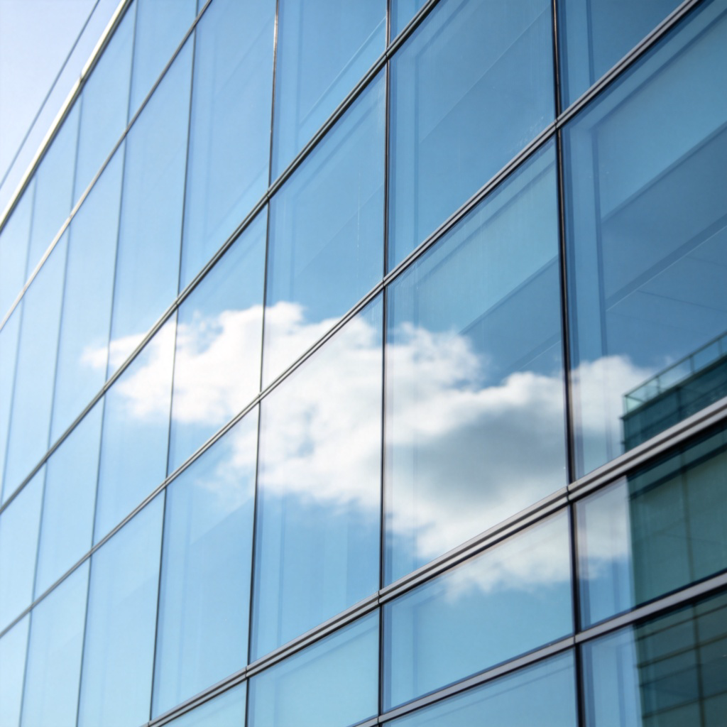 A close-up view of a large, clean glass window in a modern office building, showing a clear reflection of the sky and clouds outside. The window pane is smooth and transparent, with a thin frame. Daylight illumination, sharp focus on the glass surface. No text or logos visible.