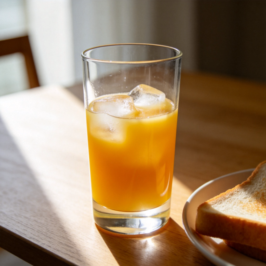 A simple, clear glass filled halfway with fresh orange juice and ice cubes, standing on a wooden breakfast table next to a plate with toast. Morning sunlight streams in from the side, creating soft highlights on the glass. Focus is on the glass and its contents. No text.