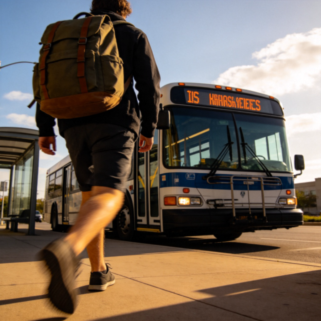 A person seen from behind, walking towards a city bus at a bus stop during daytime. The person is carrying a backpack. The scene is clear, with the bus and the destination sign visible. Photorealistic style, focus on the action of moving towards the vehicle. No text.