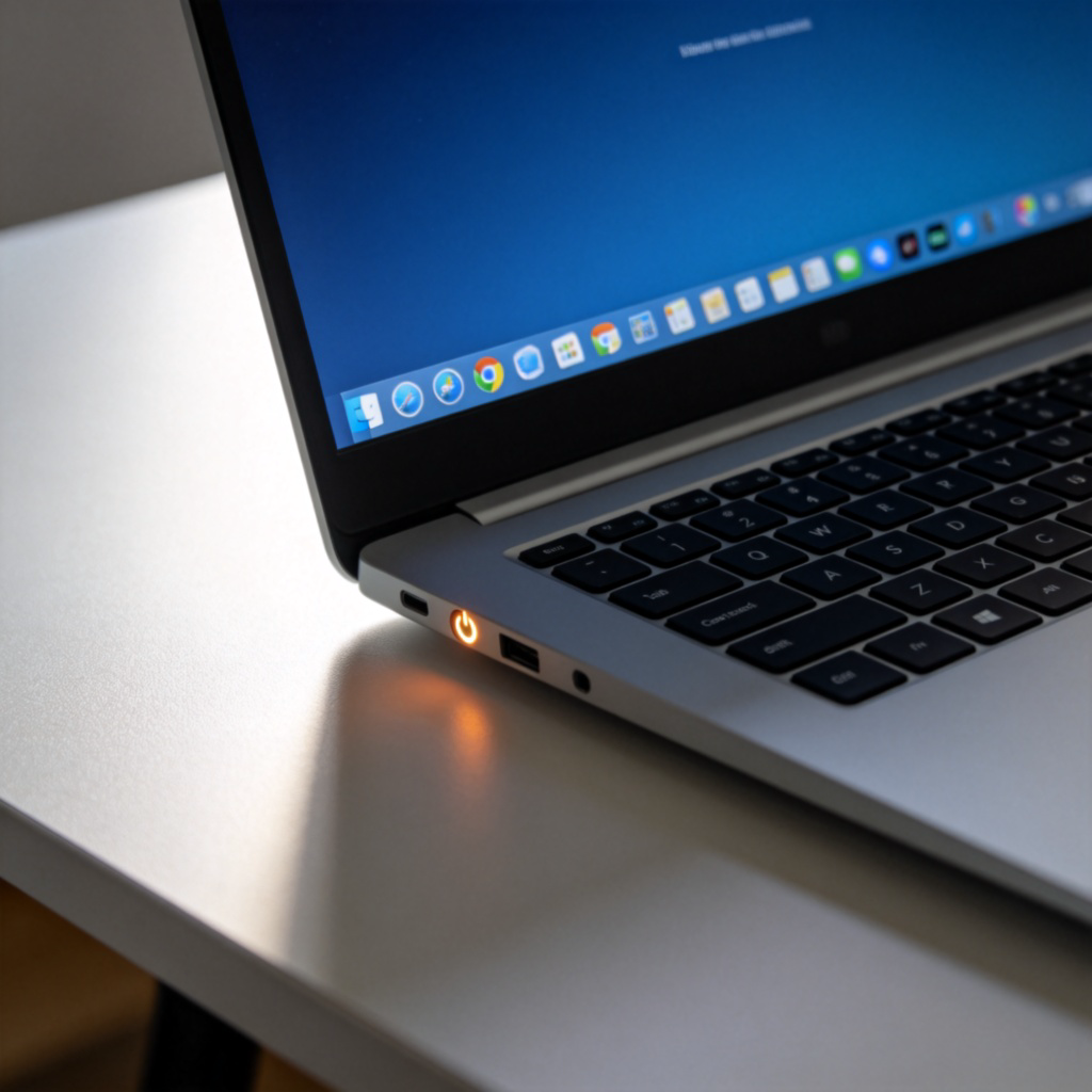 Close-up view of a laptop screen lighting up and displaying a desktop interface as it starts. The power indicator light is glowing. The background is a simple, modern desk. Sharp focus, realistic lighting. No text on screen except generic desktop icons.
