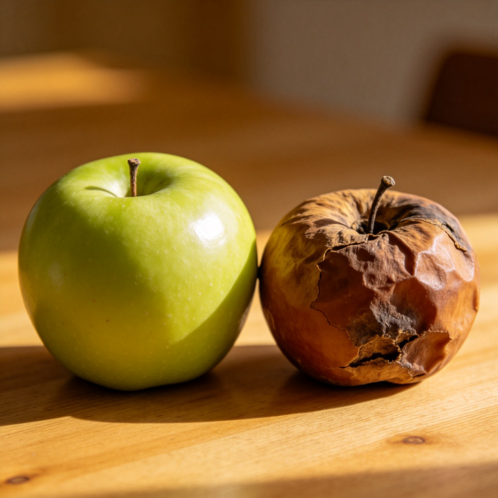 A side-by-side comparison of a fresh green apple and a rotten brown apple with wrinkles. Both are placed on a clean wooden table. Natural daylight, high detail, showing the clear contrast between the two states. No text.