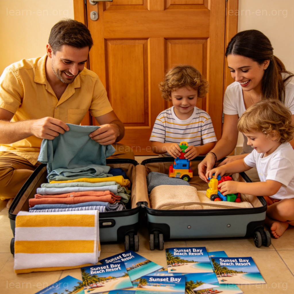 go on vacation 图解：一家人在门口开心整理行李箱准备去海滩度假