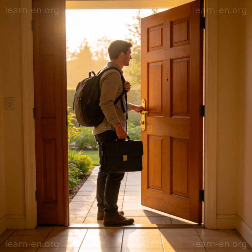 Person closing front door with briefcase, going to work