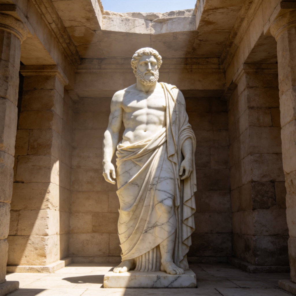 An ancient Greek-style marble statue of a bearded male figure, standing tall and looking powerful and serene. The statue is placed in a simple, sunlit stone temple. The lighting is dramatic, coming from above to create a sense of awe. No text.