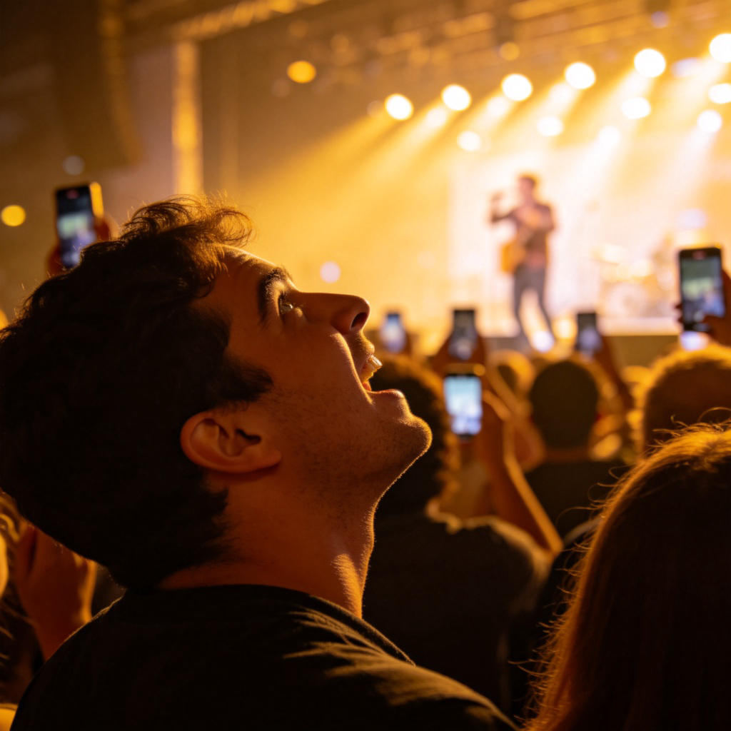 A close-up of a passionate crowd at a concert, looking up with admiration and holding up smartphones. In the background, a brightly lit stage where a musician is performing. The focus is on the fans' awestruck expressions. No text.