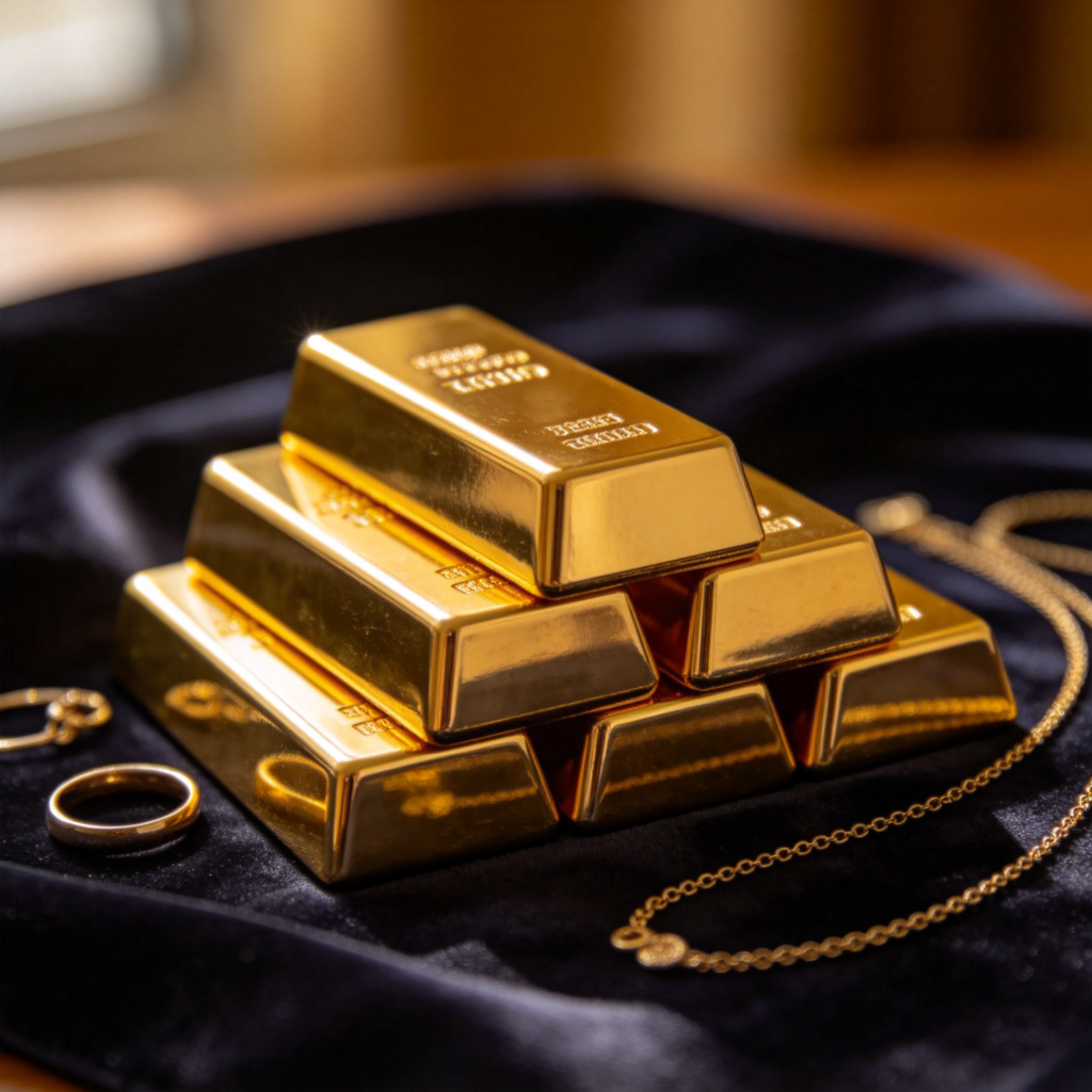 A close-up photo of several shiny gold bars neatly stacked next to a few pieces of delicate gold jewelry, like a ring and a necklace, on a dark velvet cloth. The yellow metal shines under warm, focused lighting. No text or logos.