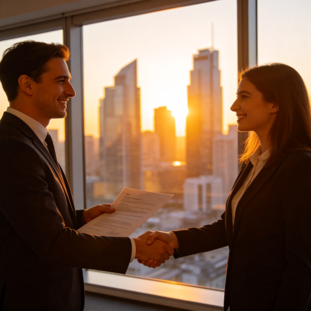 golden 比喻义图解：黄金时刻下的成功握手与机遇