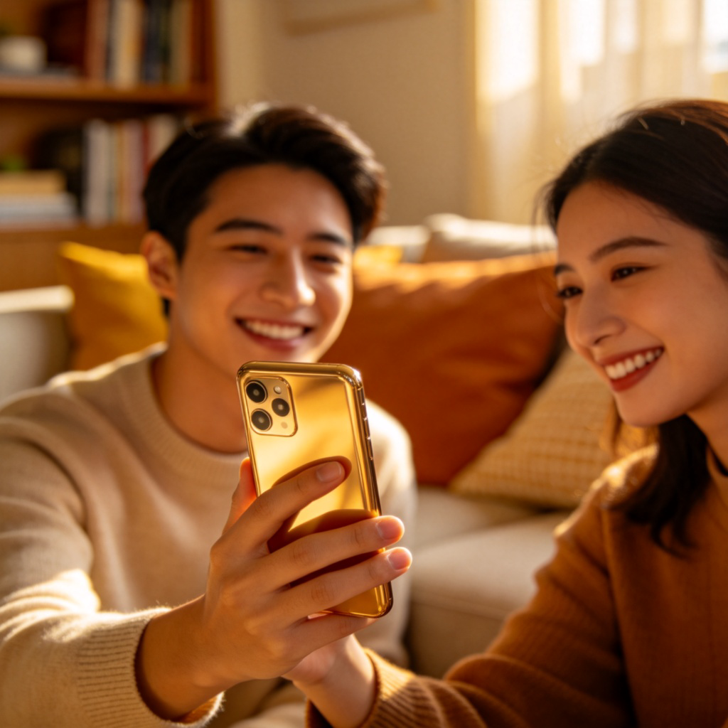 A person holding a shiny new smartphone with a smile, showing it to a friend in a cozy living room. Natural lighting, focus on the phone's sleek design and the happy expression. No text or logos visible.