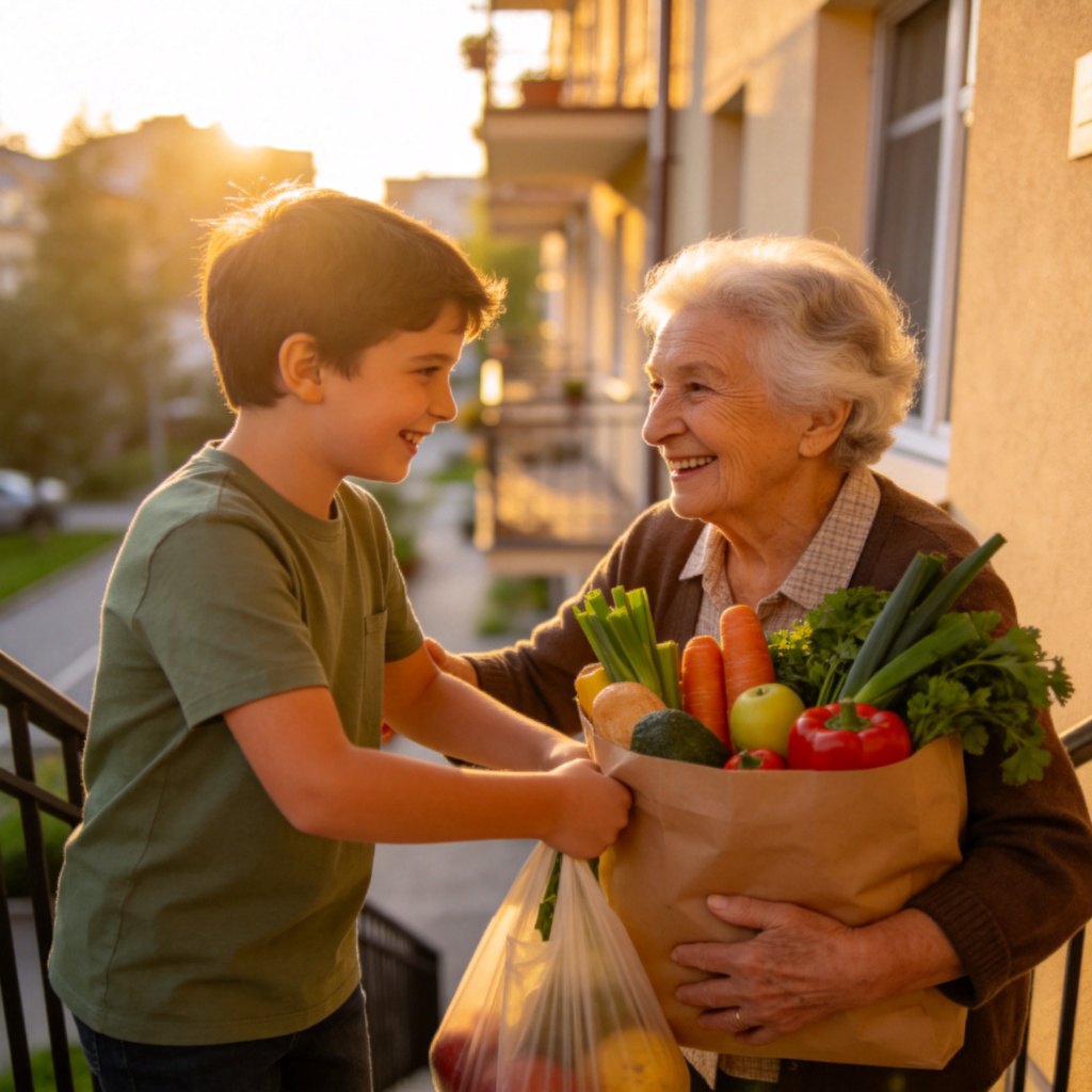 A child helping an elderly person carry groceries up a staircase, both smiling warmly. Sunny afternoon, residential building setting, focus on the supportive interaction and friendly faces. No text or distractions.