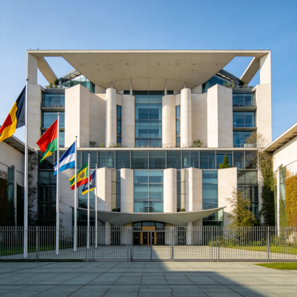 A modern, imposing city hall or parliament building with national flags flying in front. The building is made of stone or glass, looking official and important. Daylight, clear sky, focus on the main entrance. No people or text in the foreground.