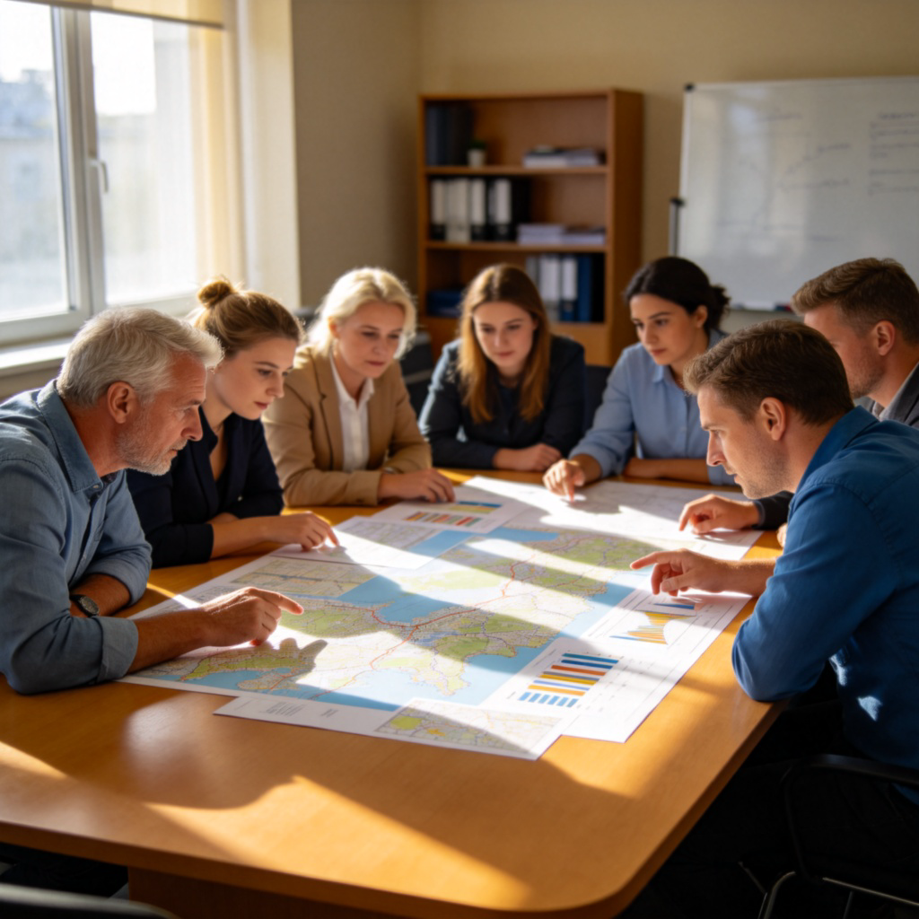 A diverse group of people (men and women of different ages and ethnicities) sitting around a large wooden table in a meeting room, looking at maps and charts. They appear to be discussing and planning. Sunlight streams through a window. Focus on their collaborative interaction.