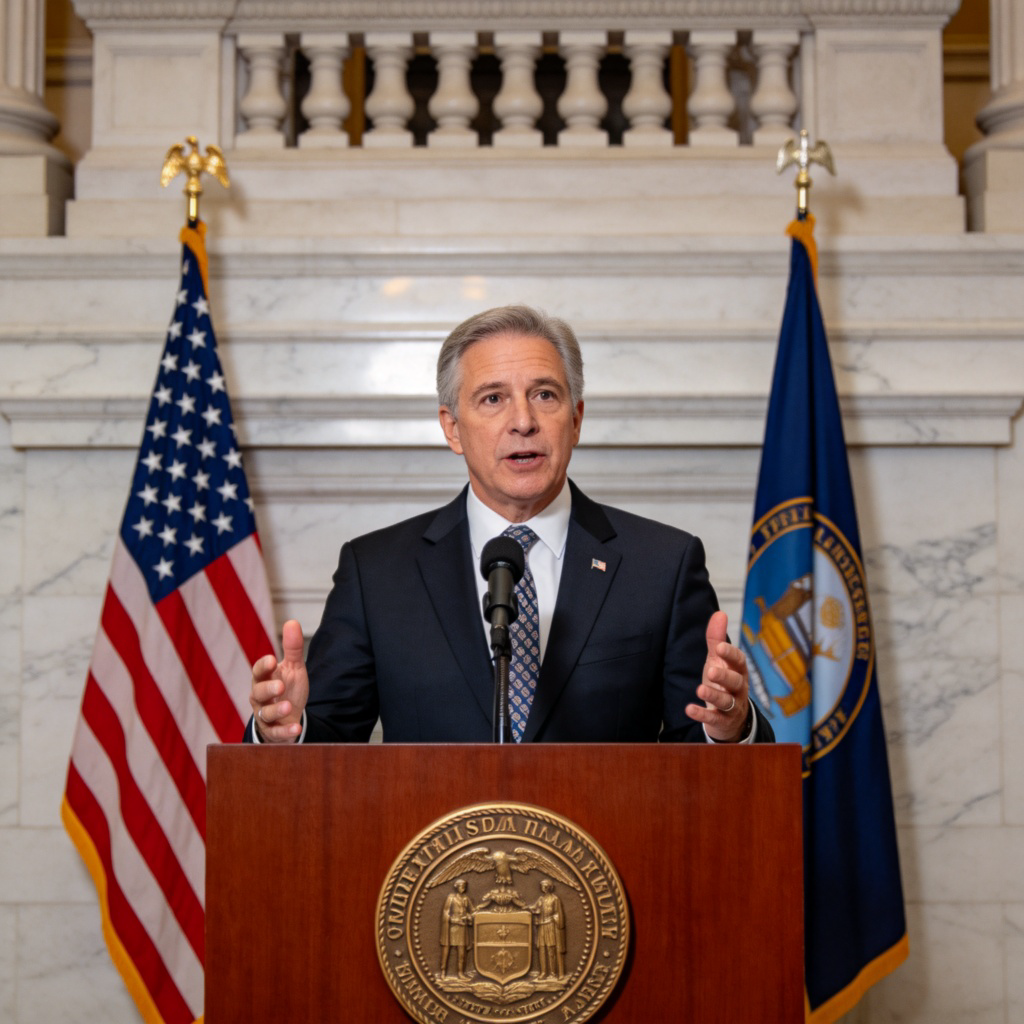 A middle-aged person in a formal business suit, standing behind a podium with a state seal on it. They are speaking confidently, with an American flag and a state flag visible in the background, in a government building setting. The atmosphere is professional and official. No text on the podium or flags.
