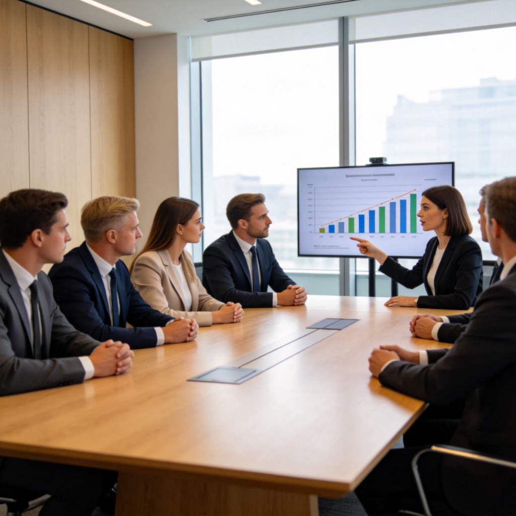 A group of well-dressed, professional-looking people sitting around a large wooden table in a modern boardroom. One person, a woman, is speaking while pointing at a chart on a screen. The room is well-lit, and the others are listening attentively. No text on the screen or charts.