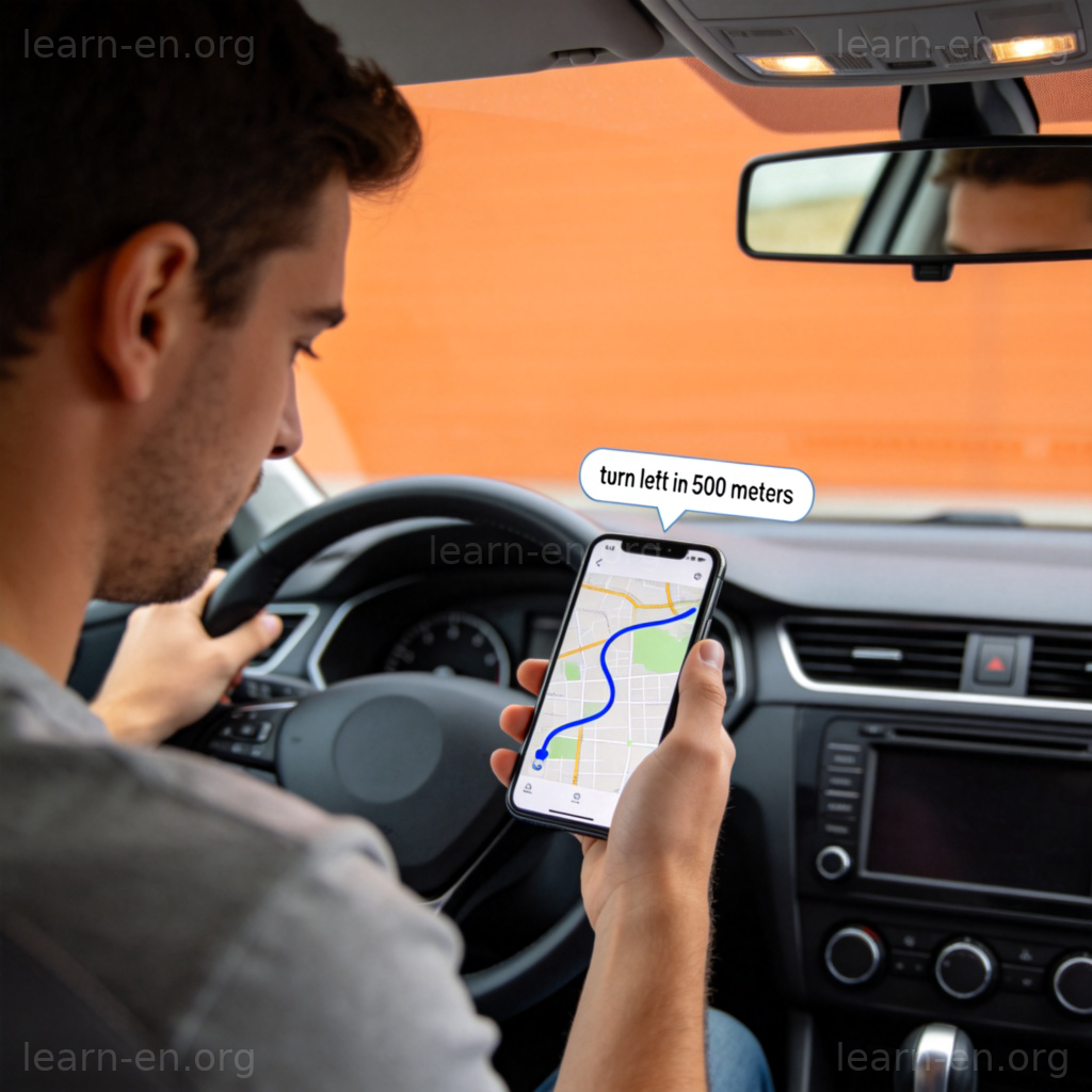 GPS导航图解：驾驶员使用手机地图导航，屏幕显示蓝色路线与语音提示