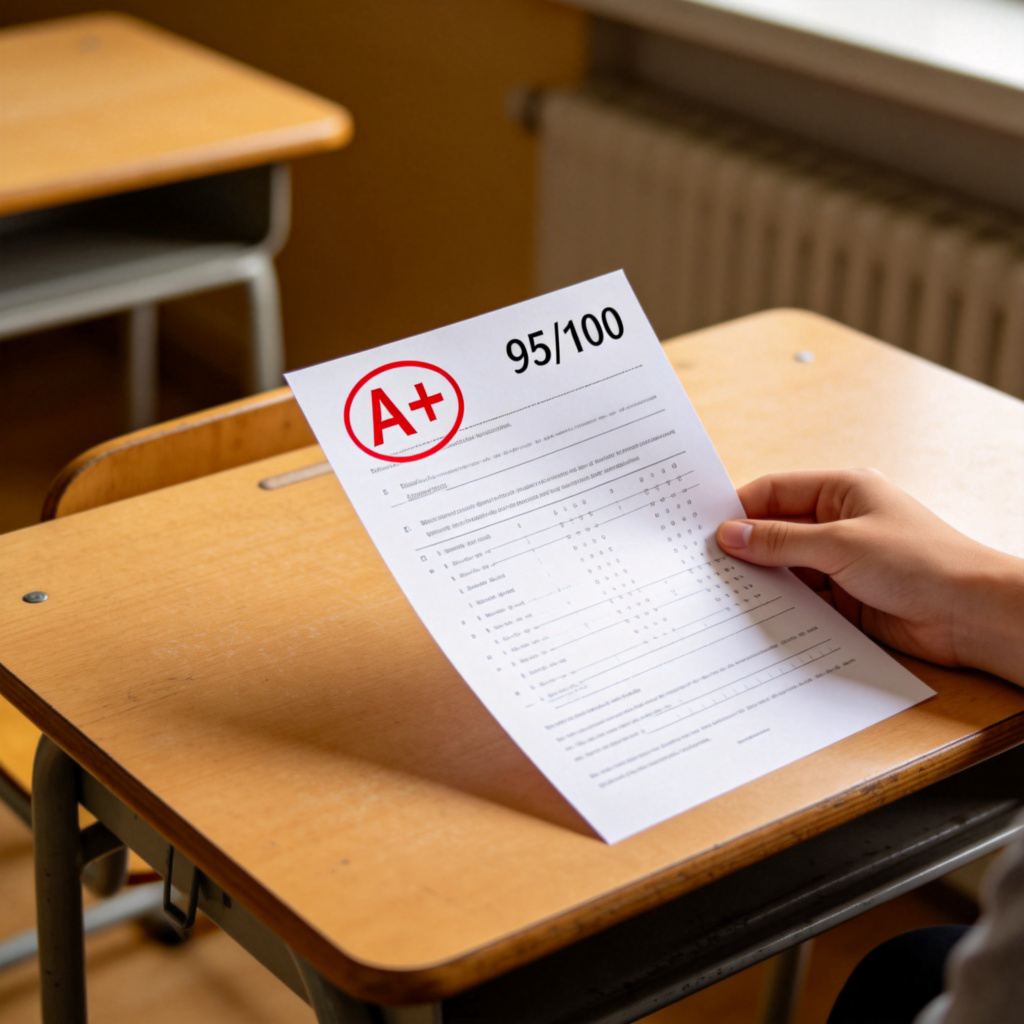 Grade 分数含义图解：学生展示获得A分的试卷