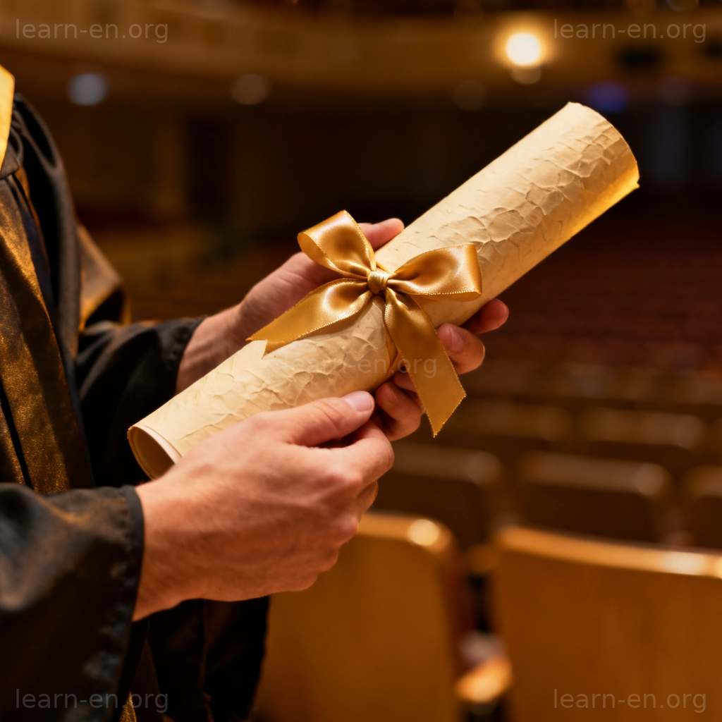 To graduate meaning shown by close-up of hands holding a diploma after completing studies.