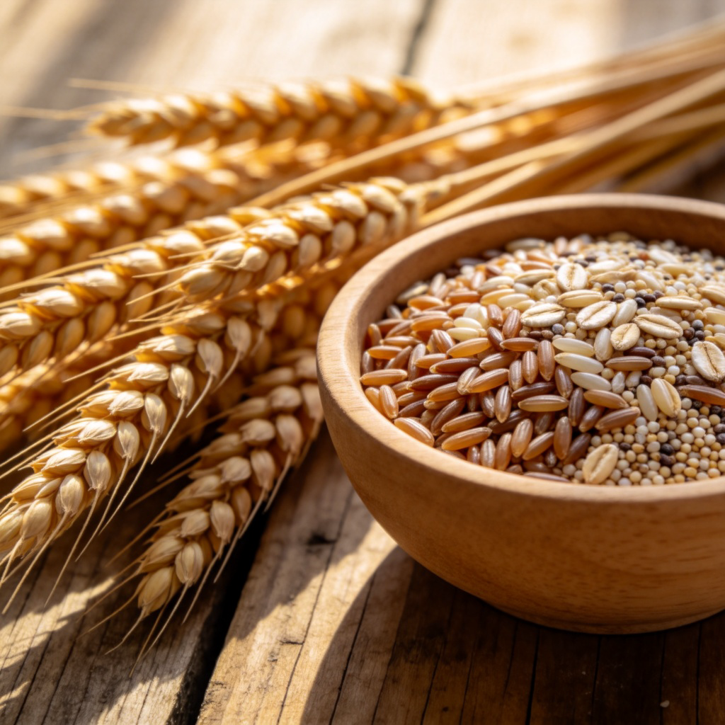 A close-up of golden wheat stalks with full ears of grain, next to a simple wooden bowl filled with a mix of raw grains like brown rice, oats, and quinoa. The background is a rustic wooden table. Soft morning light, sharp focus on the textures of the grains. No text.