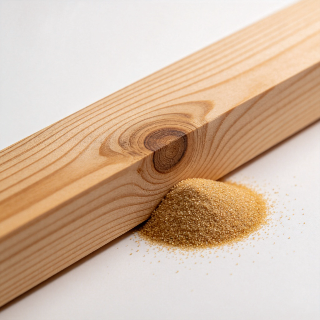 An extreme close-up of a piece of natural wood, showing clear, parallel lines and swirls of its grain pattern. Next to it, a small pile of fine, golden sand where individual grains are visible. Plain background, studio lighting to highlight texture and detail. No text.