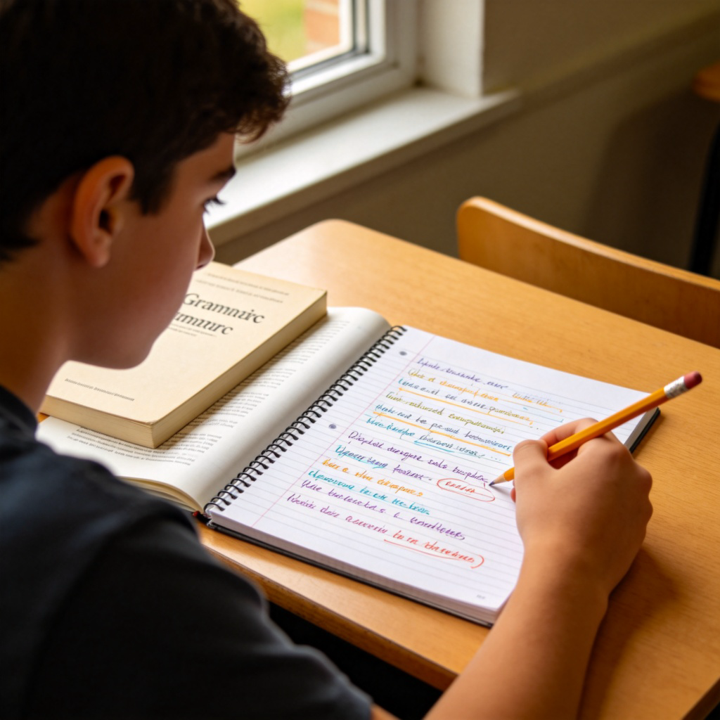 grammar 语法学习场景图解：学生专注修改英语句子