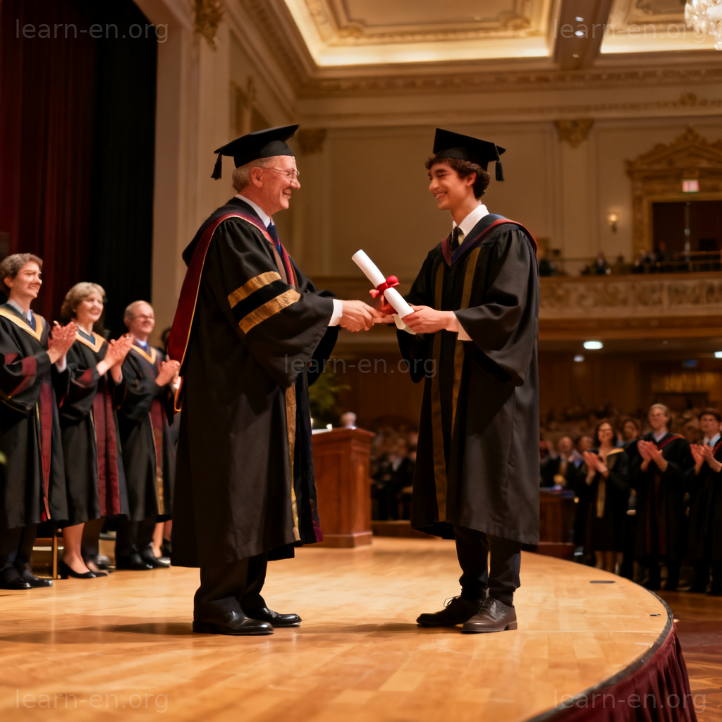 Grant right ceremony with diploma on stage
