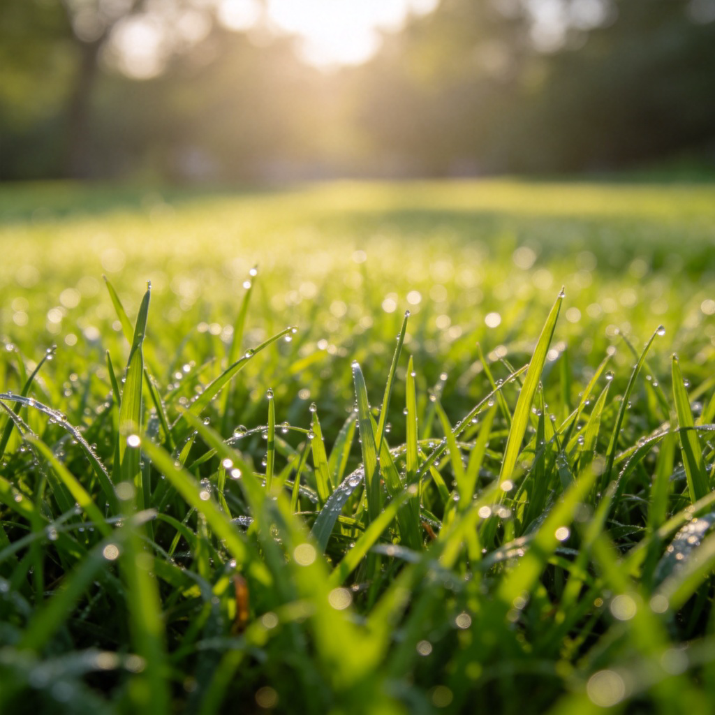 grass 含义图解：清晨沾满露珠的绿色草地特写