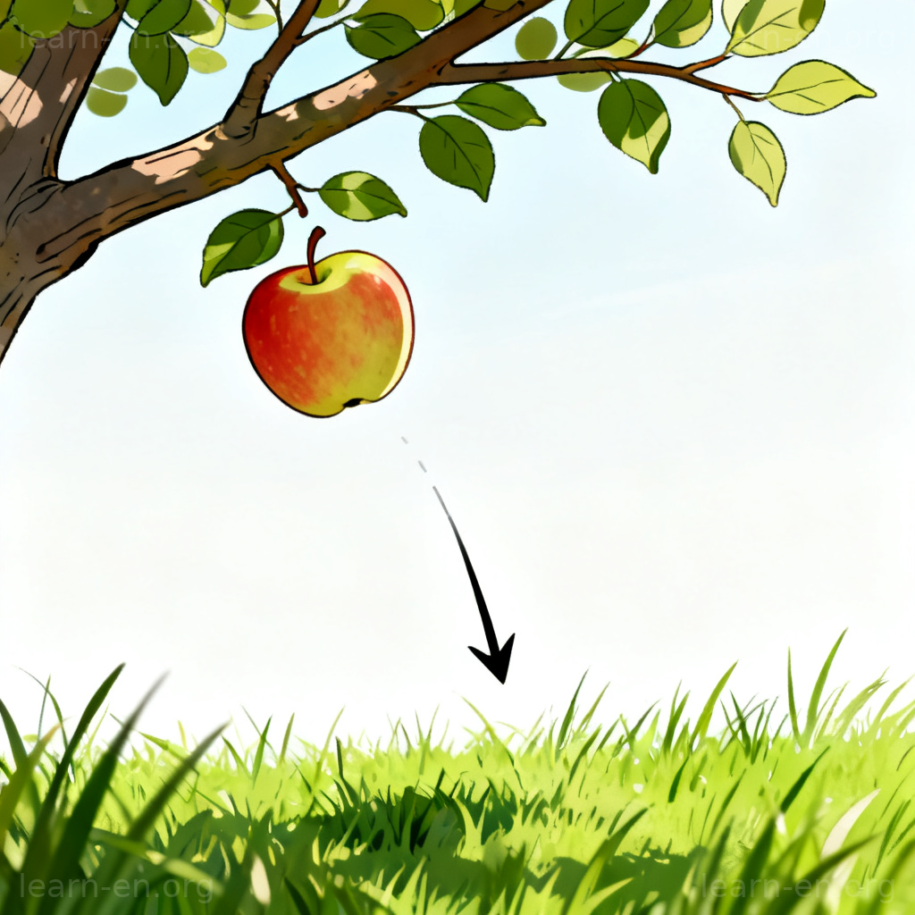 Pomme tombant sous l'effet de la gravité, flèche descendante