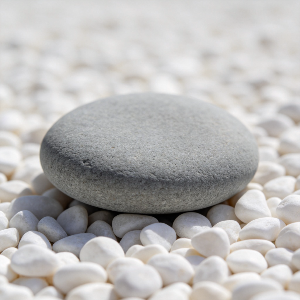A close-up view of a smooth, gray pebble resting on a bed of small, white stones. The lighting is soft and even, highlighting the subtle texture and mid-tone color of the gray pebble. The background is completely out of focus, making the gray stone the clear subject.