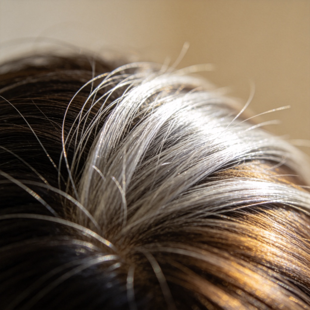 A gentle close-up of a person's hair, showing a clear contrast between a few strands of shiny, silver-gray hair and the surrounding dark brown or black hair. The focus is sharp on the gray hairs, with soft natural light making them stand out. The background is a simple, neutral color.