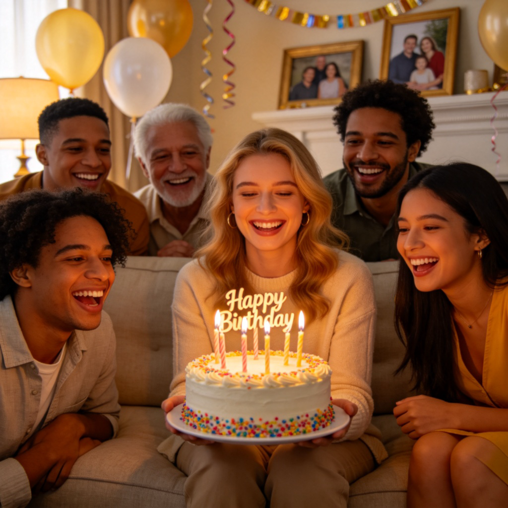A group of diverse friends smiling and laughing together around a birthday cake with lit candles in a cozy living room. The atmosphere is warm and joyful, with decorations in the background. The focus is on their happy expressions and the celebratory mood. Realistic photography style, soft lighting.