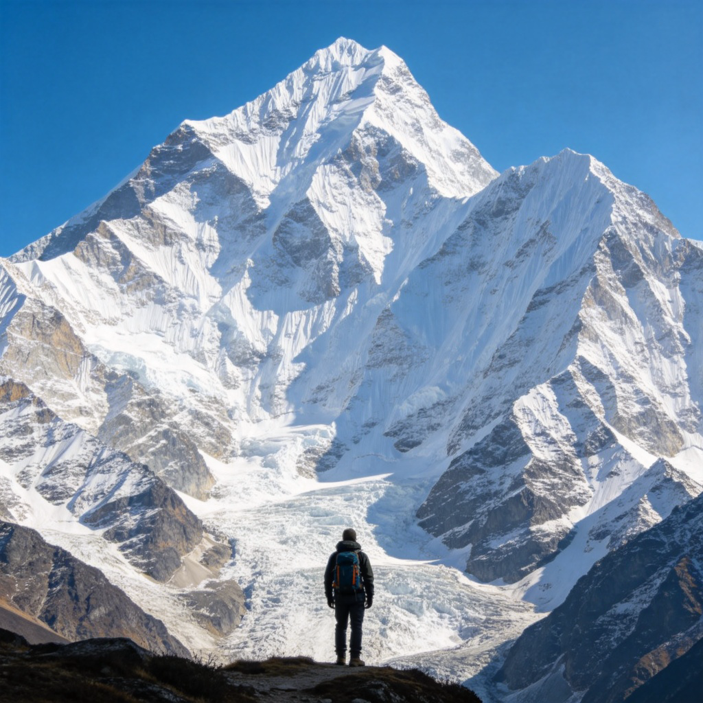 A person in hiking gear seen from behind, looking up at a vast, towering snow-capped mountain range under a clear blue sky. The person is small in the foreground, emphasizing the immense scale of the mountains. Bright natural lighting, realistic landscape photography style.