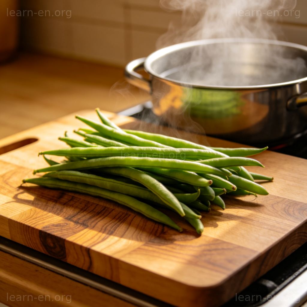 Green Beans 图解：木砧板上的新鲜四季豆与蒸锅场景