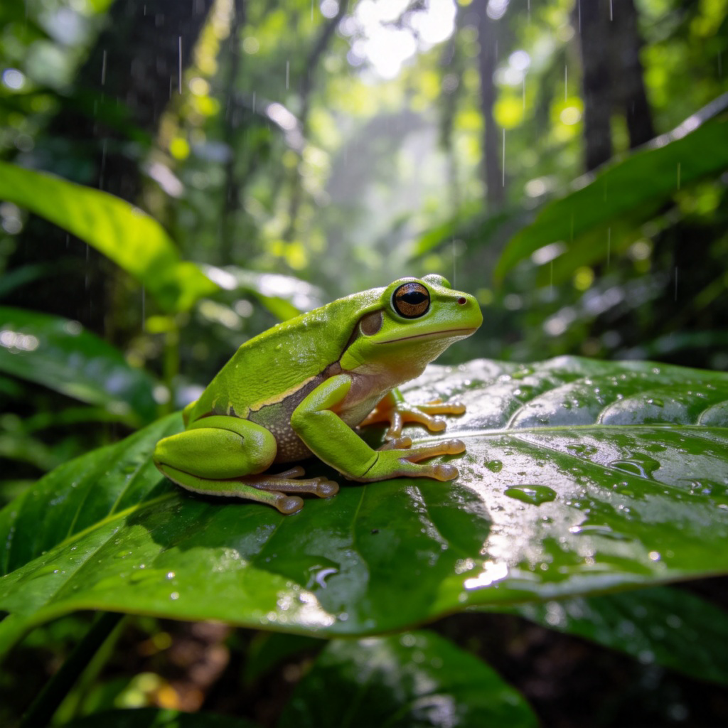 A close-up photo of a bright green tree frog sitting on a large, wet green leaf in a rainforest. The frog's color perfectly matches the leaf, showcasing the color green. Sunlight filters through the canopy, highlighting the vivid green tones. No text.
