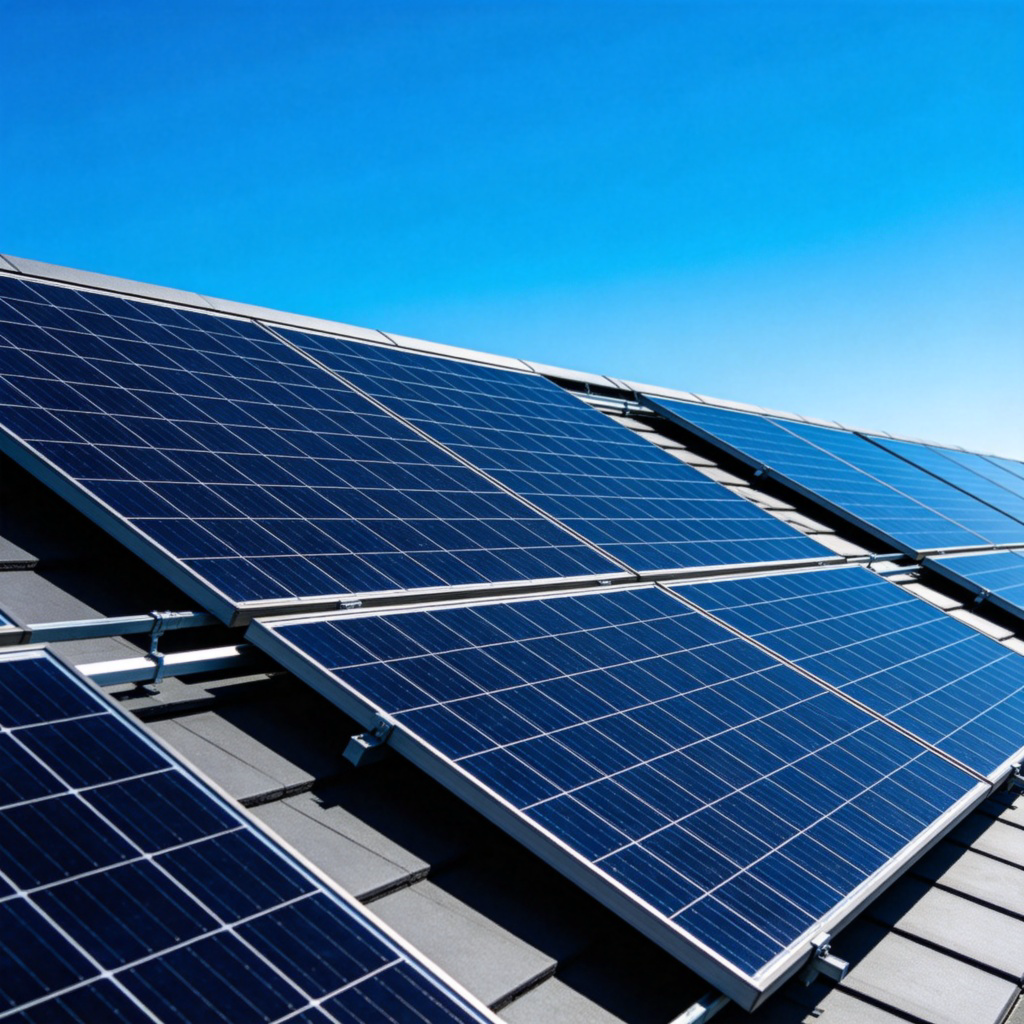 A modern rooftop with several large, dark blue solar panels installed at an angle, under a clear blue sky. The panels represent clean, green energy. The scene is bright and clean, symbolizing sustainability. No text or people.