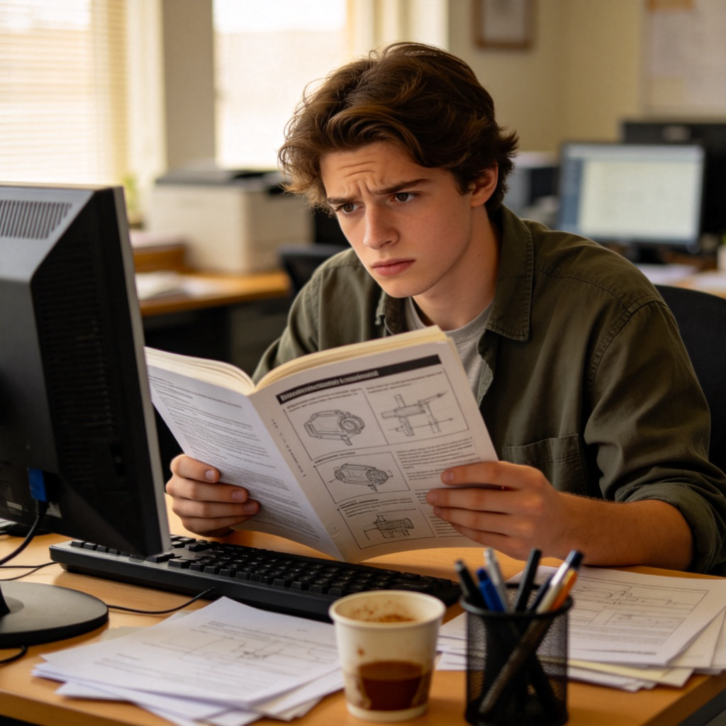 A young person in casual office wear looks slightly confused and is carefully reading a thick instruction manual at a messy desk with a computer. The expression and the complex manual show they are new and inexperienced at the job. Natural office lighting. No text.