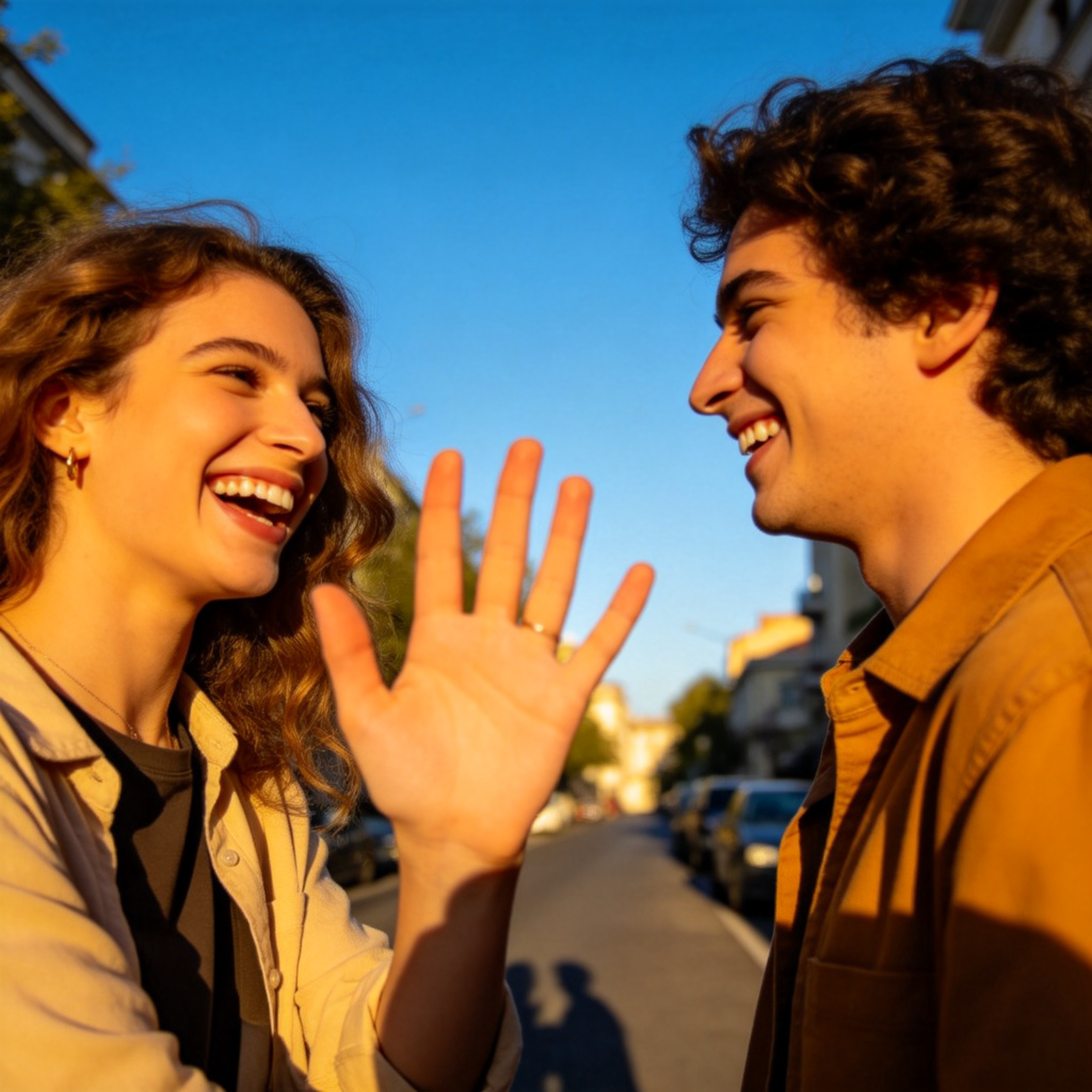 greet 打招呼含义图解：朋友在街头微笑挥手问候