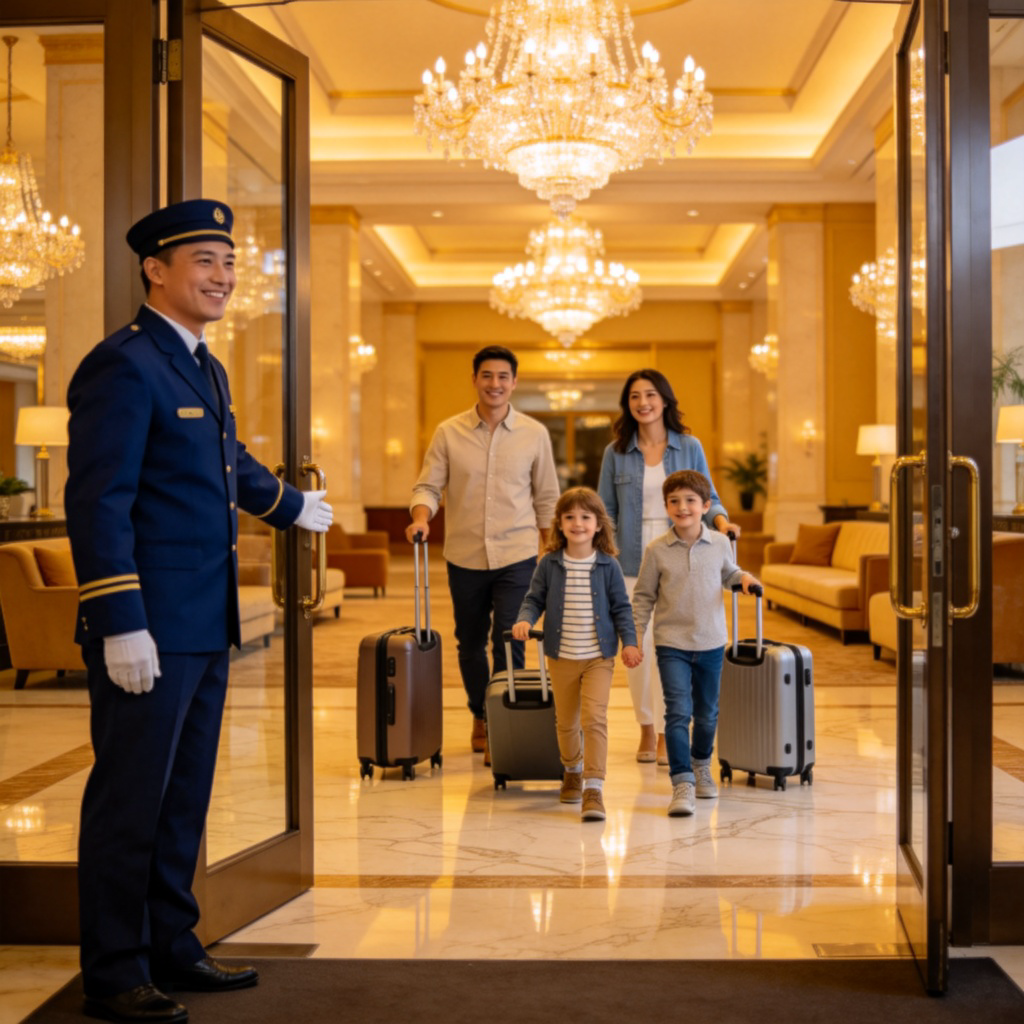 greet 迎接含义图解：酒店员工为客人开门迎接