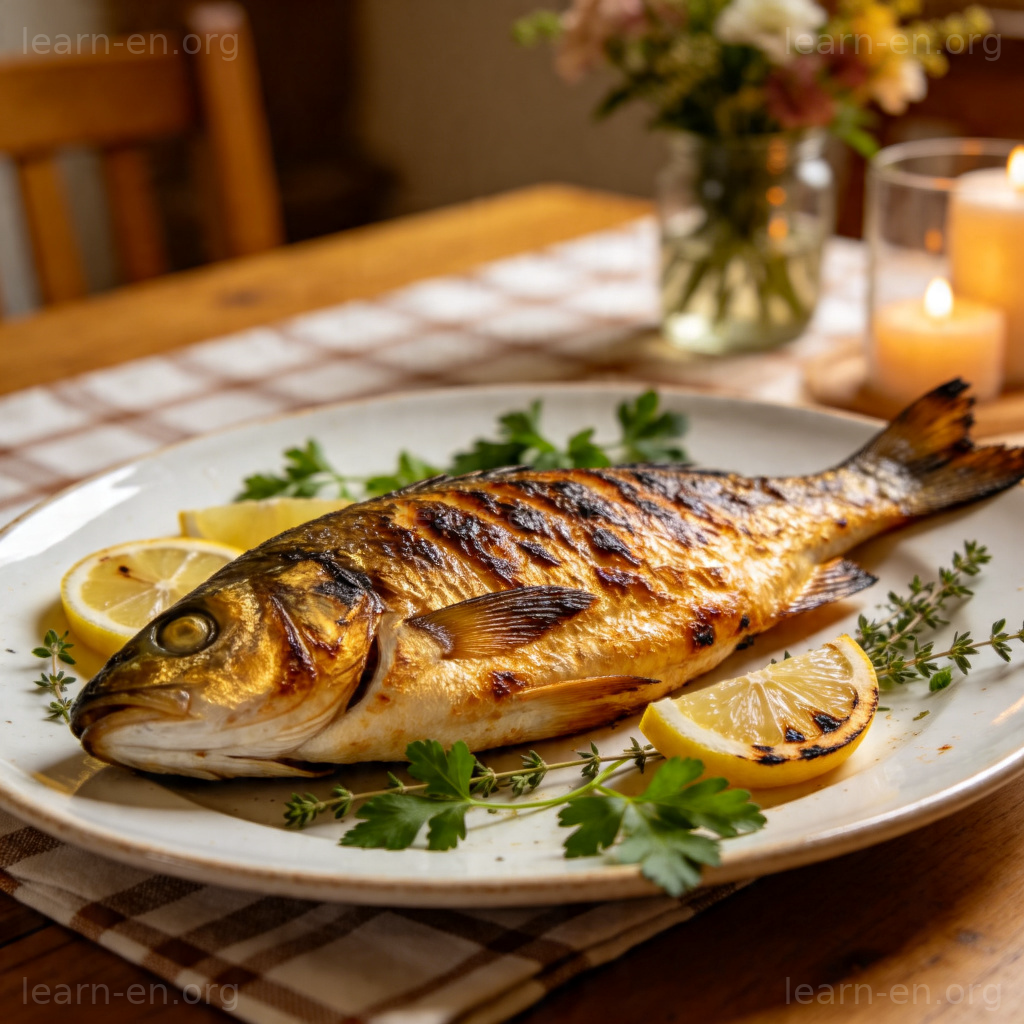 Grilled Fish 图解：金黄烤鱼配柠檬香草，家庭晚餐场景