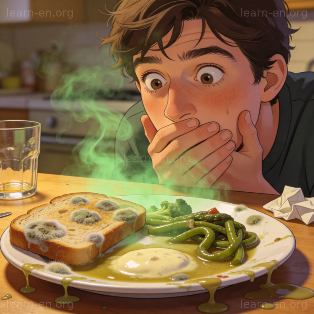 Person recoiling from spoiled food looking disgusted