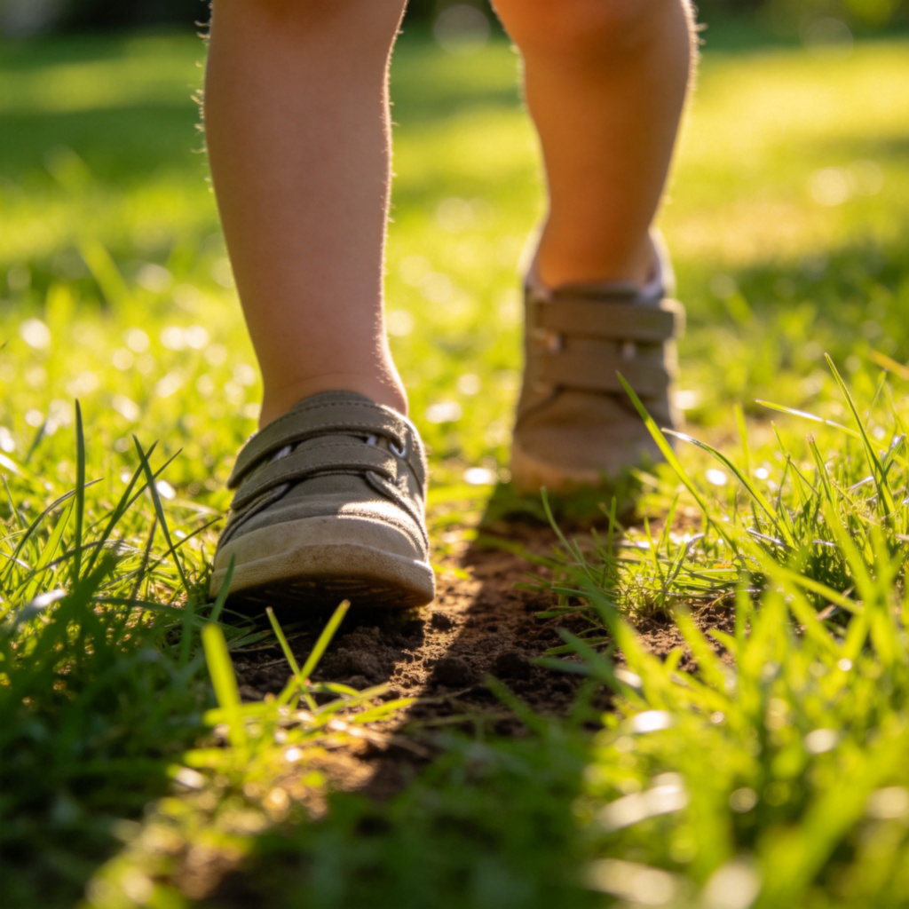 A close-up view of children's feet and shoes standing and walking on a bright green, grassy lawn. Sunlight filters through, casting soft shadows. Focus is on the texture of the grass and soil beneath. No people's faces, no text.