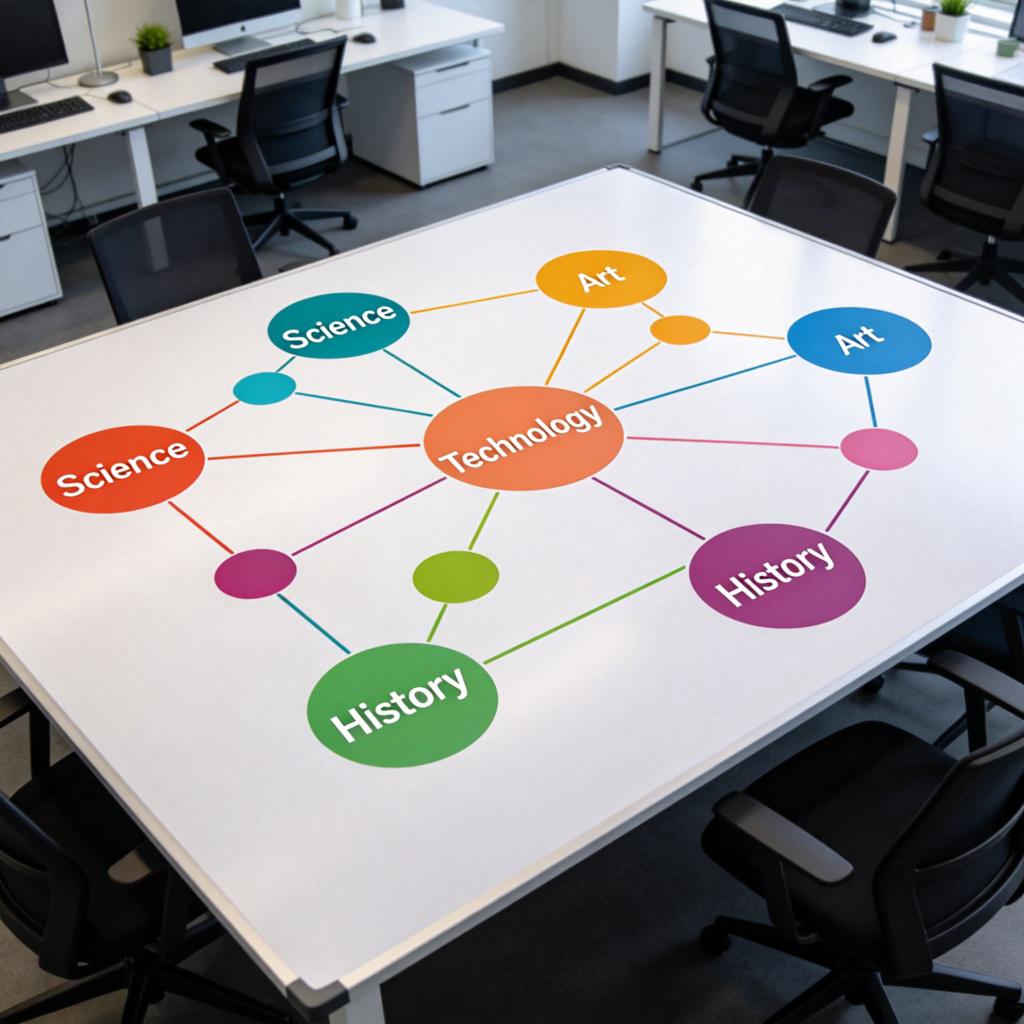A top-down view of a conceptual mind map drawn on a large whiteboard. Different colored lines and circles connect keywords like 'Science', 'Art', 'Technology', and 'History'. Each circle is labeled and visually distinct. Clean, modern office setting. No text overlays.