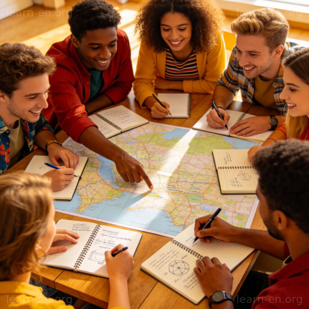 Group of diverse people collaborating with maps and notebooks