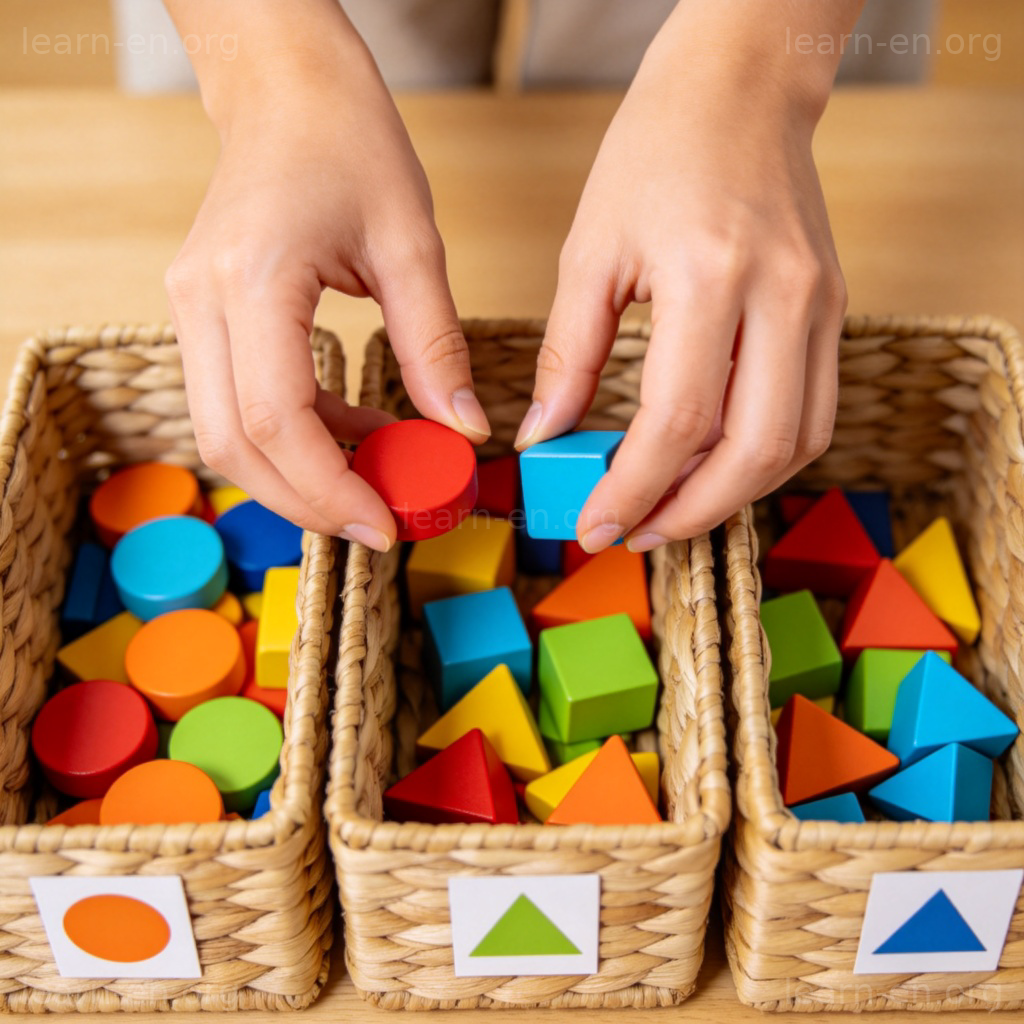 Hands grouping colorful toys by shape into baskets