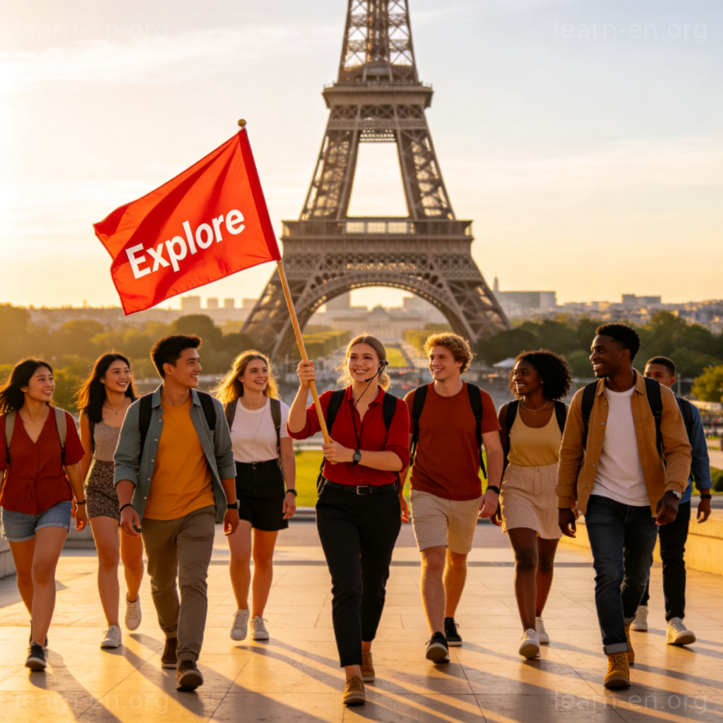 group tour 跟团游场景图解：游客跟随导游游览地标