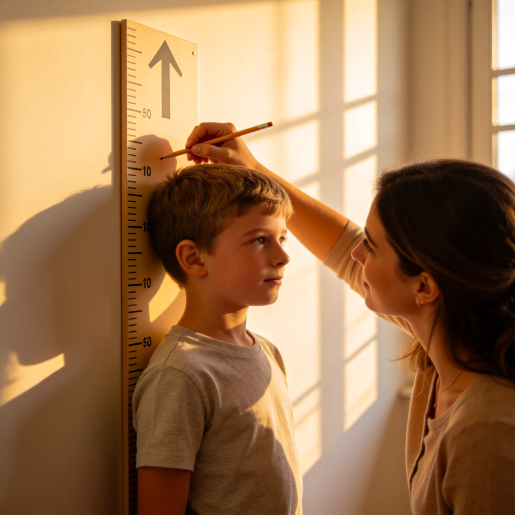A young boy standing with his back against a height chart on a wall. His mother is marking his new height with a pencil. The chart shows upward arrows and measurements, emphasizing growth in height. Soft, natural light from a window, focus on the boy and the chart. Simple, clean background. No text.