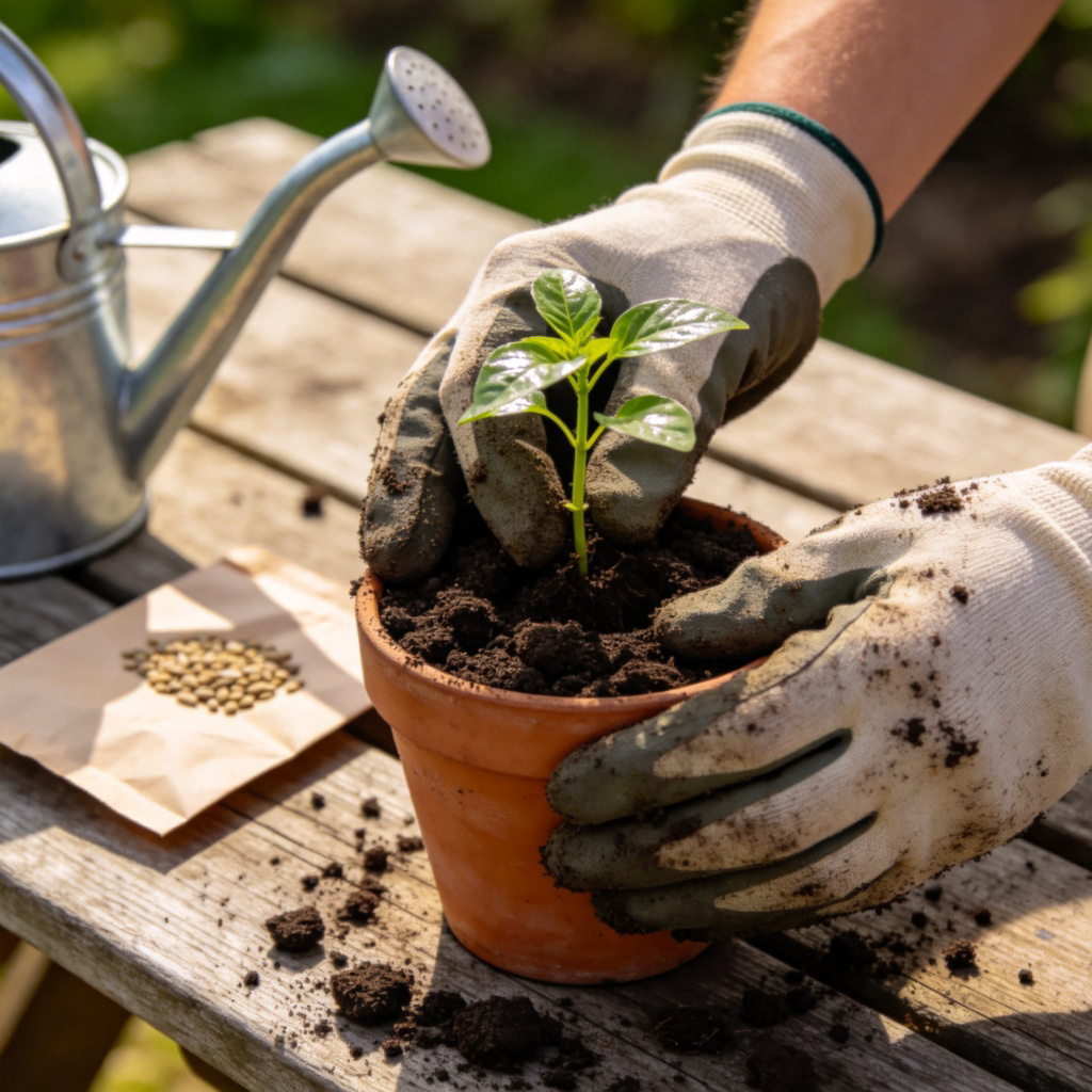 A person's hands wearing gardening gloves, carefully placing a small green seedling into a pot filled with dark soil. A watering can and a packet of seeds are visible nearby on a wooden garden table. Sunlight filters through, highlighting the soil and plant. Close-up shot, realistic detail. No text.