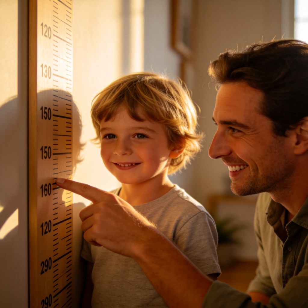 A child standing next to a height chart on a wall, with marks showing their increasing height over several years. A parent is smiling and pointing to the latest mark. Warm, natural indoor lighting, focus on the child and the chart. No text.
