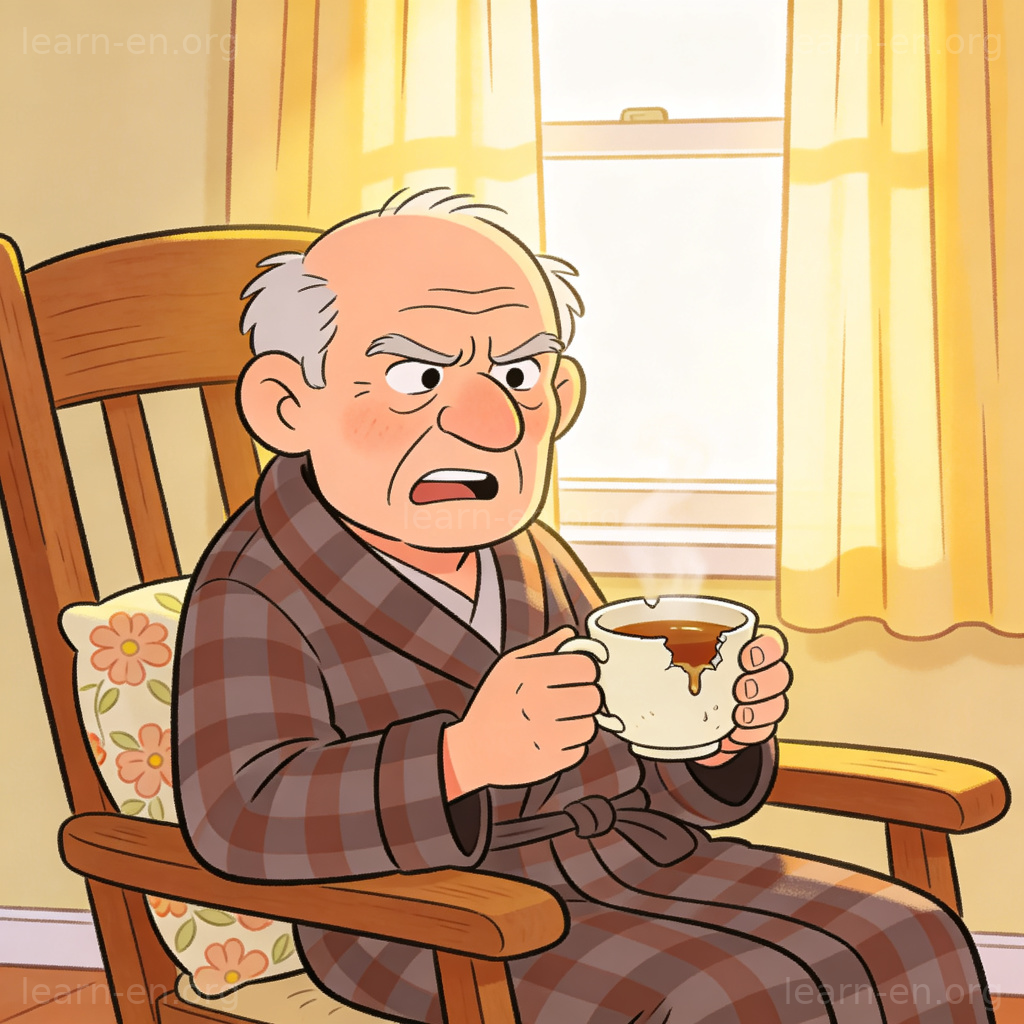 Grumpy 含义图解：一位皱眉的老人在晨光中对冷茶发牢骚