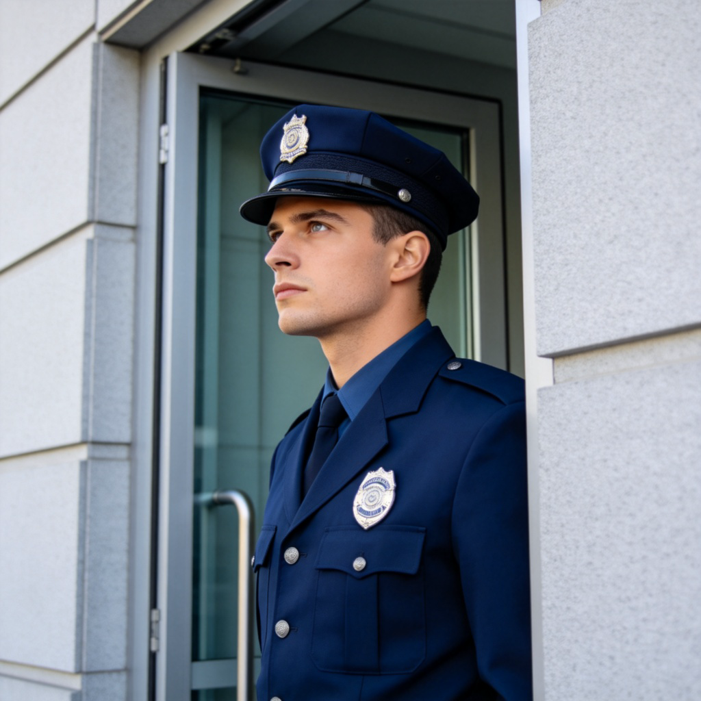 A person wearing a security guard uniform, standing alertly at the entrance of a building. The uniform is neat, and the person is looking attentively into the distance. The background is a simple building facade. Photorealistic style, clear lighting.