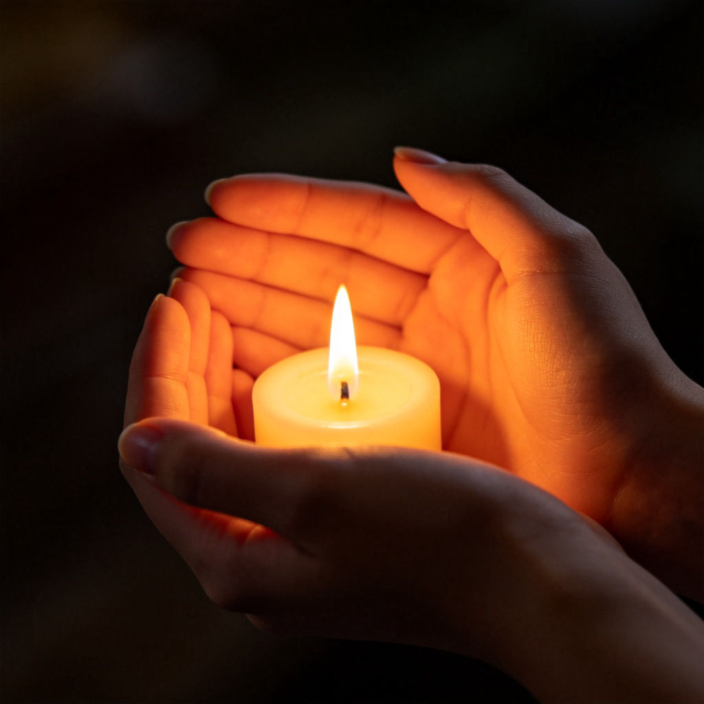 Close-up of a pair of hands cupping gently around a flickering candle flame, protecting it from the wind. The background is dark and blurred. The focus is on the hands and the flame. Soft, warm lighting.